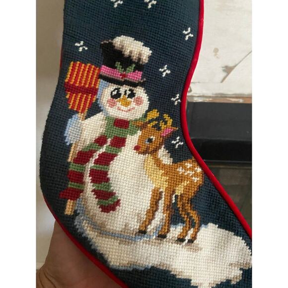 Vintage Wool Embroidered Snowman Velvet Back Christmas Stocking - Picture 2 of 7